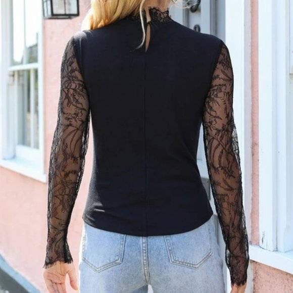 Black Yolk Lace Sleeve Blouse/Top in M - Picture 2 of 3